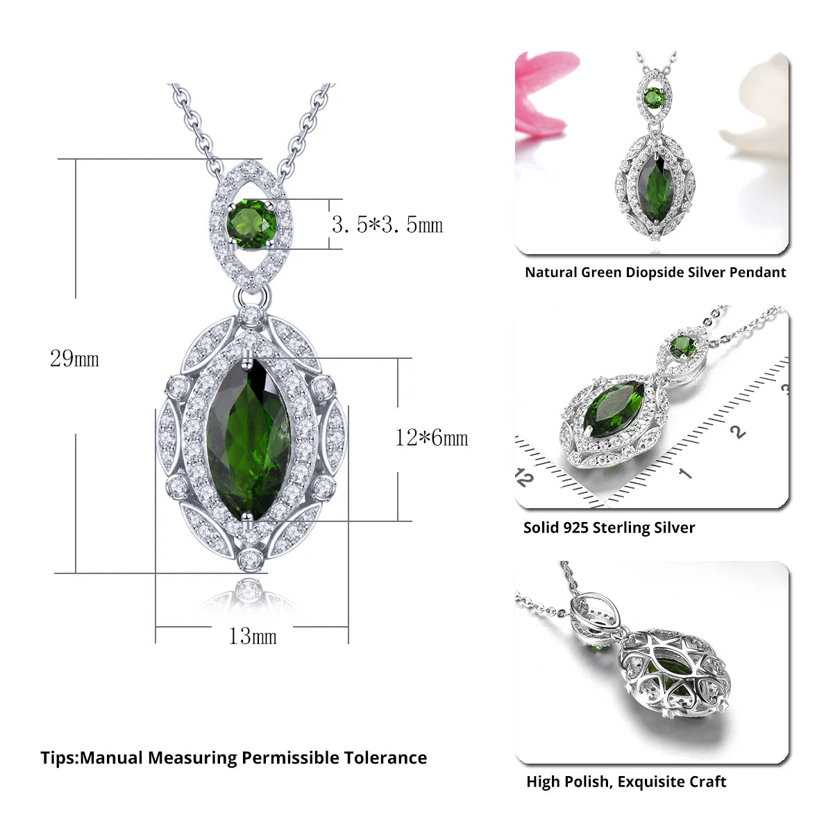 Natural Green Diopside 925 Sterling Silver Pendant 1.8 Carats Genuine Gemstone Special Style Fine Jewelry for Engagement Gift