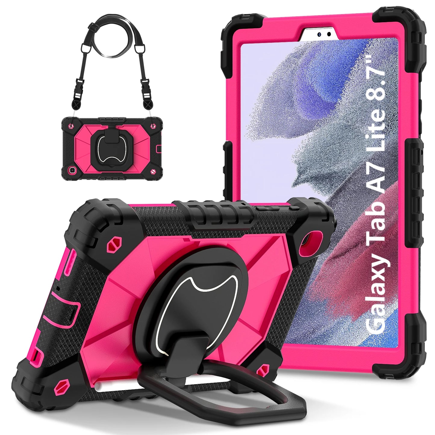 Armor Stand Case For Samsung Galaxy Tab A7 Lite 8.7 2021 SM-T220 SM-T225 Heavy Duty Cover With Neck Strap Rotatble Handle Grip