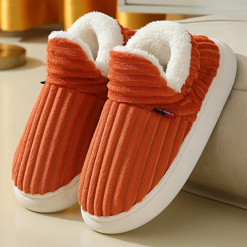 2024 Fashion Couple Winter Warm Plush Slippers Thick Sole Non Slip Casual Cotton Shoes Woman Corduroy Soft Indoor Home Slippers