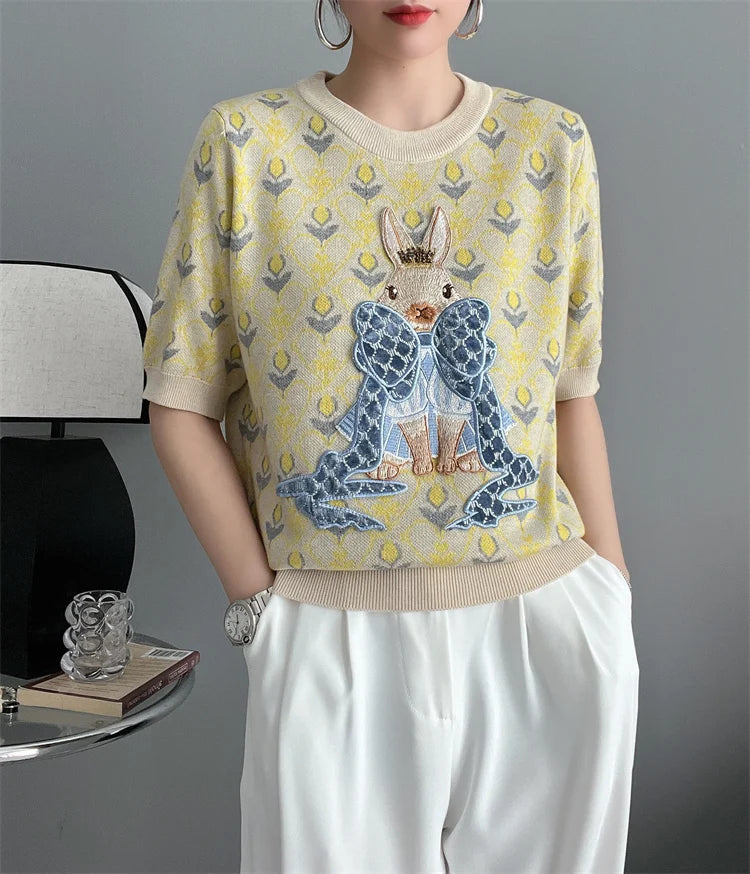 New Summer Women Knitted Sweater European Style Cartoon Pattern Fashion Jacquard Round Neck Short Sleeve Casual Jumpers Knitwear