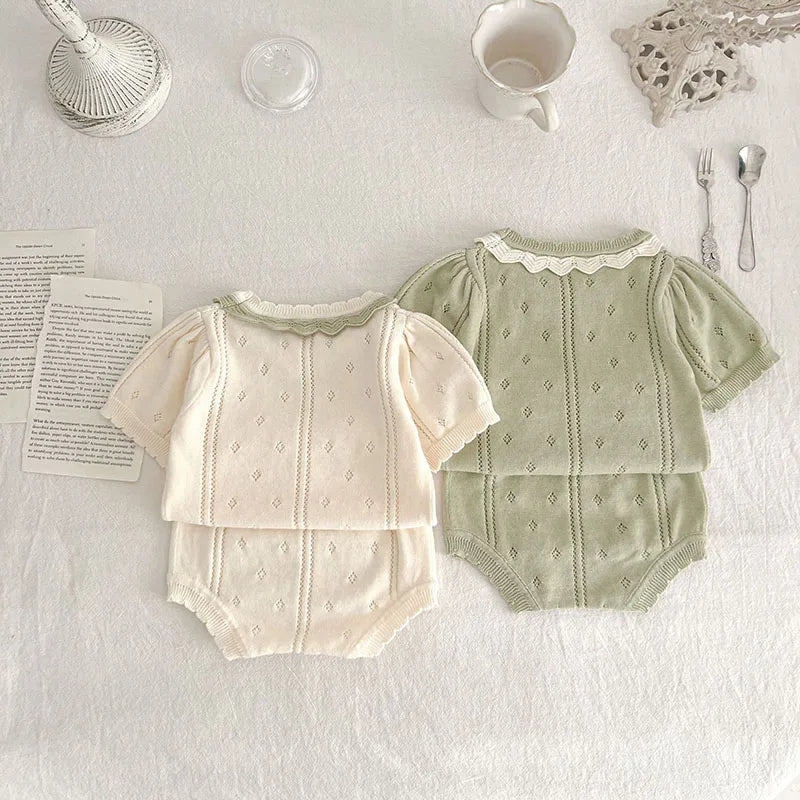 Summer Baby T-shirt Clothing Set Infant Baby Hollow Out Knit Tee and Shorts 2 Pcs Toddler Outfit