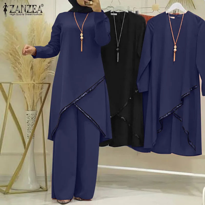 2PCS Women Muslim Sets Fashion Sequins Islamic Clothing Loose Matching Sets Tracksuit Long Sleeve Blouse Abaya Suits