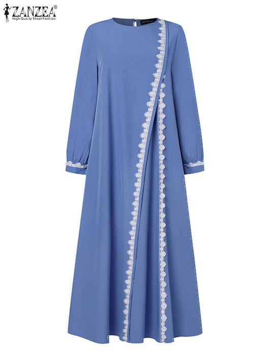 Spring Lace Crochet Maxi Dress Muslim Turkey Abaya Elegant Loose Vestidos Women Long Sleeve O Neck IsIamic Robe Kaftan