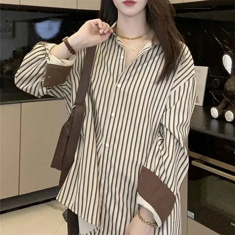 Korean Style Shirts Women Lapel Striped Basic Simple Office Lady Temperament Vintage Popular Daily