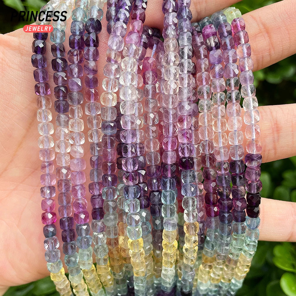 A++ Natural 4mm Colorful Fluorite Cube Faceted Beads for Jewelry Making Bracelet Necklace Wholes DIY Stone Beads Accessories