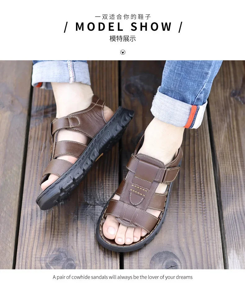 Sandals Men's New Beach Shoes Cowhide Slippers Outdoor Non-Slip Thick Soled Genuine Leather Sandals Summer Sandals Men's 2024