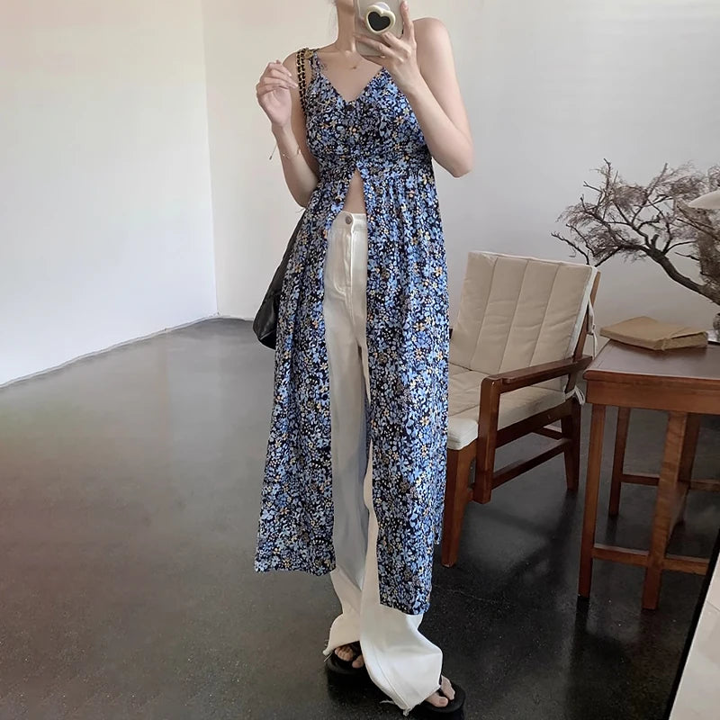 Floral V-neck Spaghetti Strap Dress Women's Summer Split A-line Long Dresses