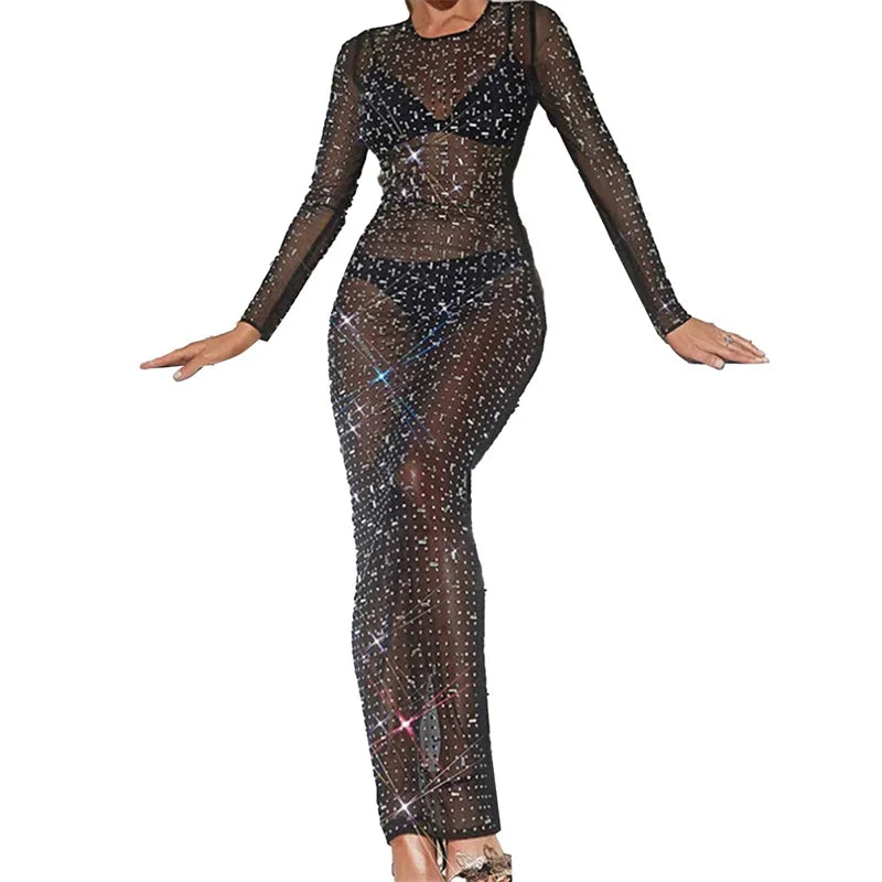 Glitter Female Maxi Dress Mesh See-Through Split Fashion Long Sleeve Slim Sexy Beach Evening Party Cover Up Dress For Women