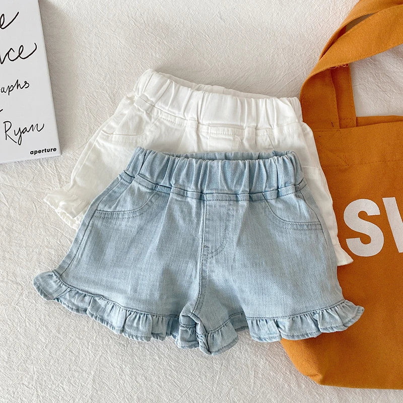 Summer Kids Shorts Solid Brief Denim Girls Ruffle Shorts Children Clothes Teenage Girl Jeans