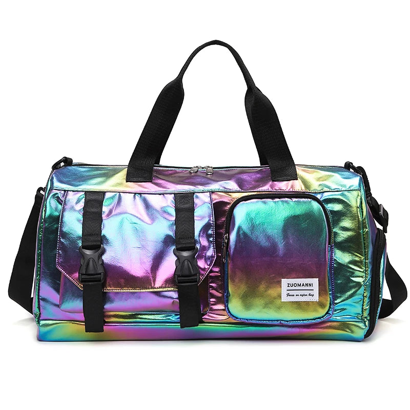 Holographic Glamour Duffel Bag - Spacious,Stylish Shoulder Tote with Shoe Compartment for Effortless Weekend Escapes -