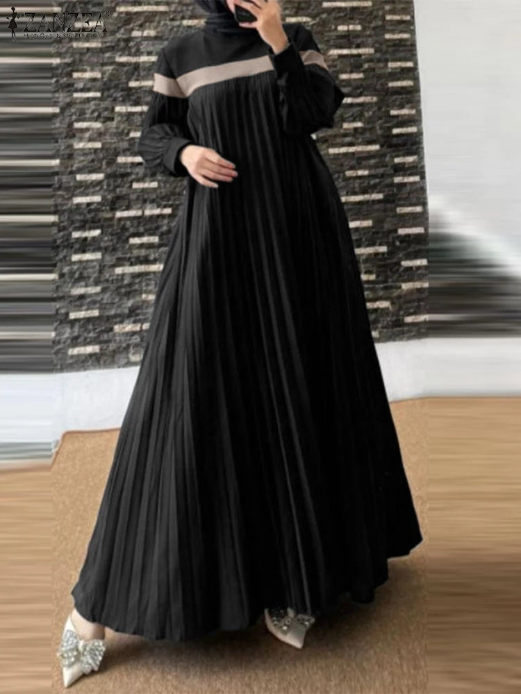 Fashion Women Autumn Long Lantern Sleeve Muslim Dress Abaya Islamic Robe Kaftan Patchwork Sundress Pleated Vestidos