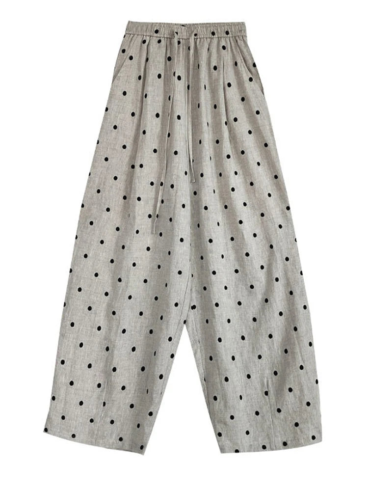[EAM] High Elastic Waist Linen Dot Embroidery Wide Leg Long Pants New Trousers Women Fashion Tide Spring Autumn 2025 1DJ1548