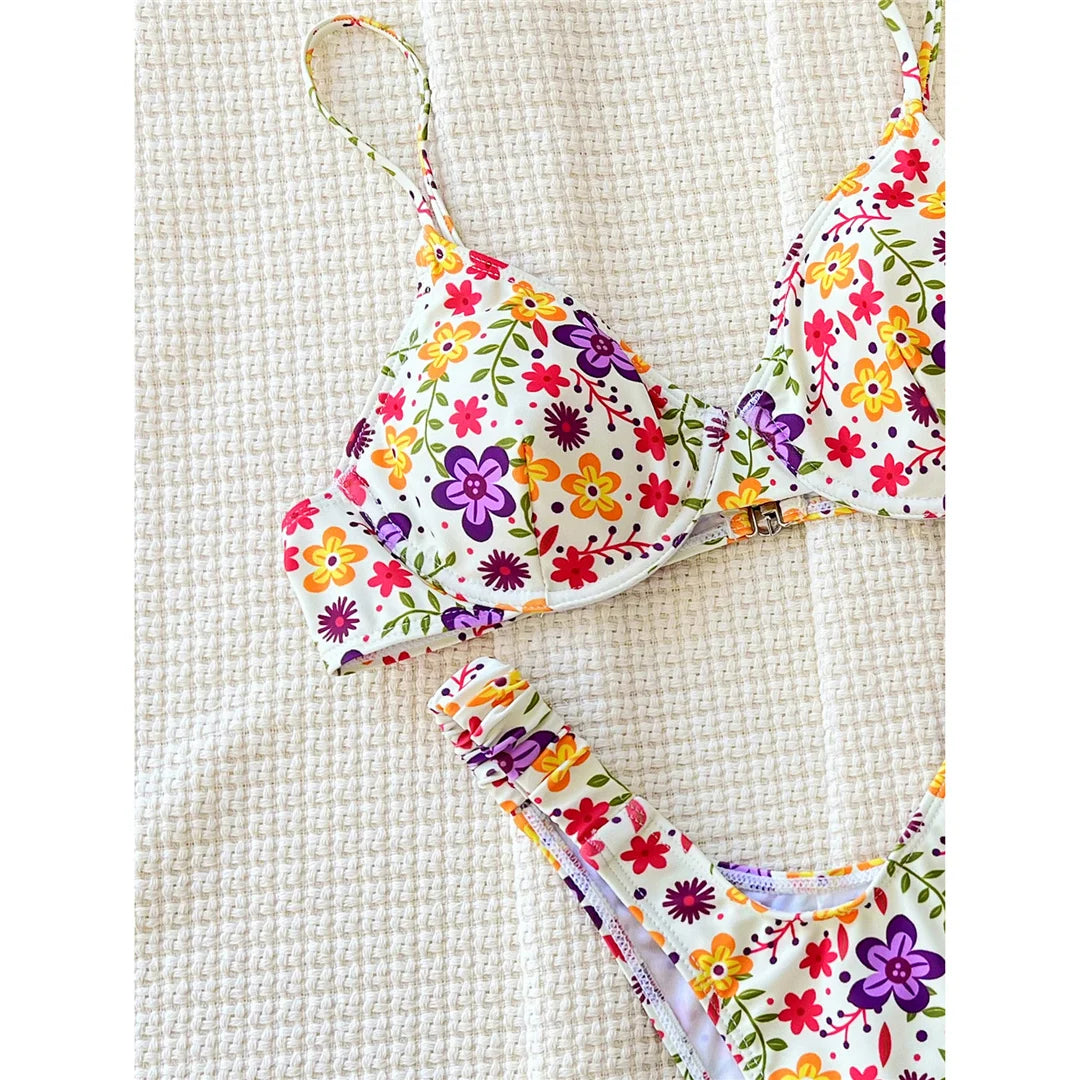 Flowers Printed Underwired Brazilian Bikini Female Swimsuit Women Swimwear Two-pieces Bikini set Bather Bathing Suit Swim V5666