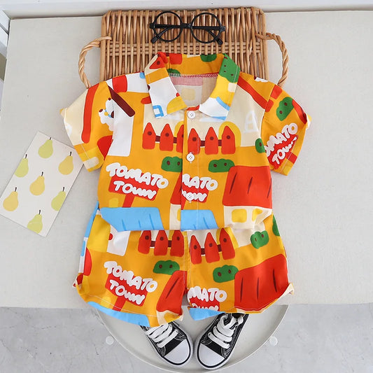 Summer Kids Clothing Set Colorful Cartoon Tee And Shorts 2PCS For Cool Boys Girls Short Sleeve Outfit 1-5Y