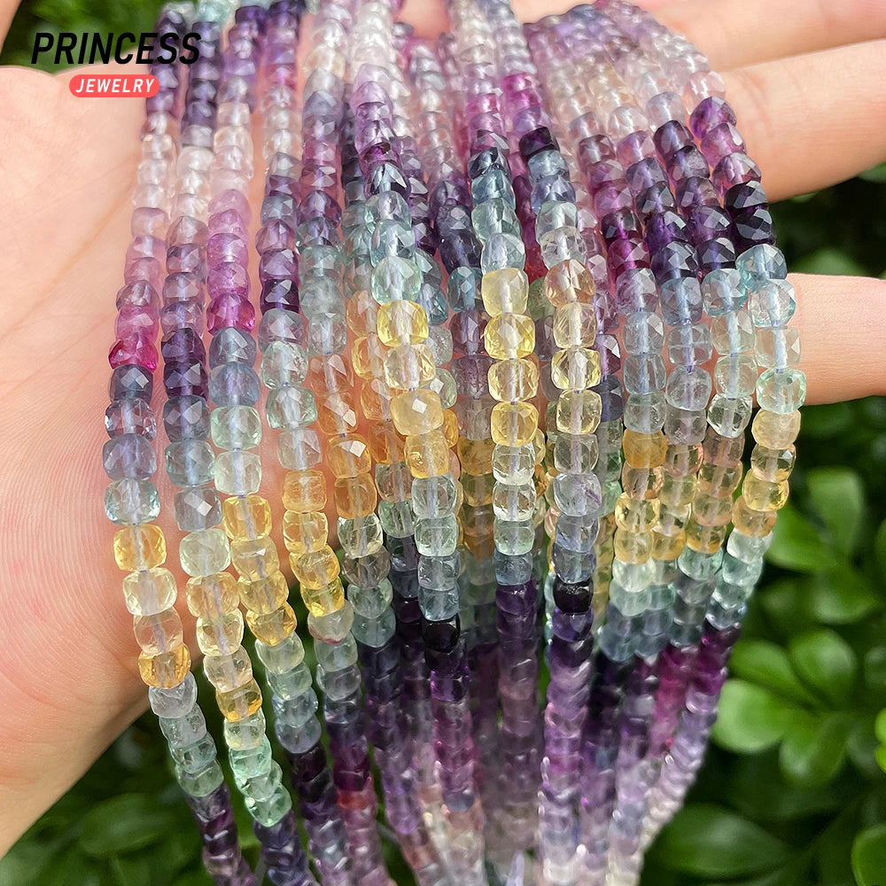 A++ Natural 4mm Colorful Fluorite Cube Faceted Beads for Jewelry Making Bracelet Necklace Wholes DIY Stone Beads Accessories