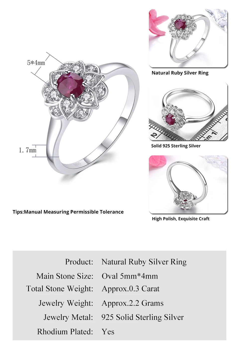 Natural Precious Gemstone Ruby Sterling Silver Rings 0.3 Carats Genuine Gemstone Romantic Style S925 Fine Jewelrys Engagement