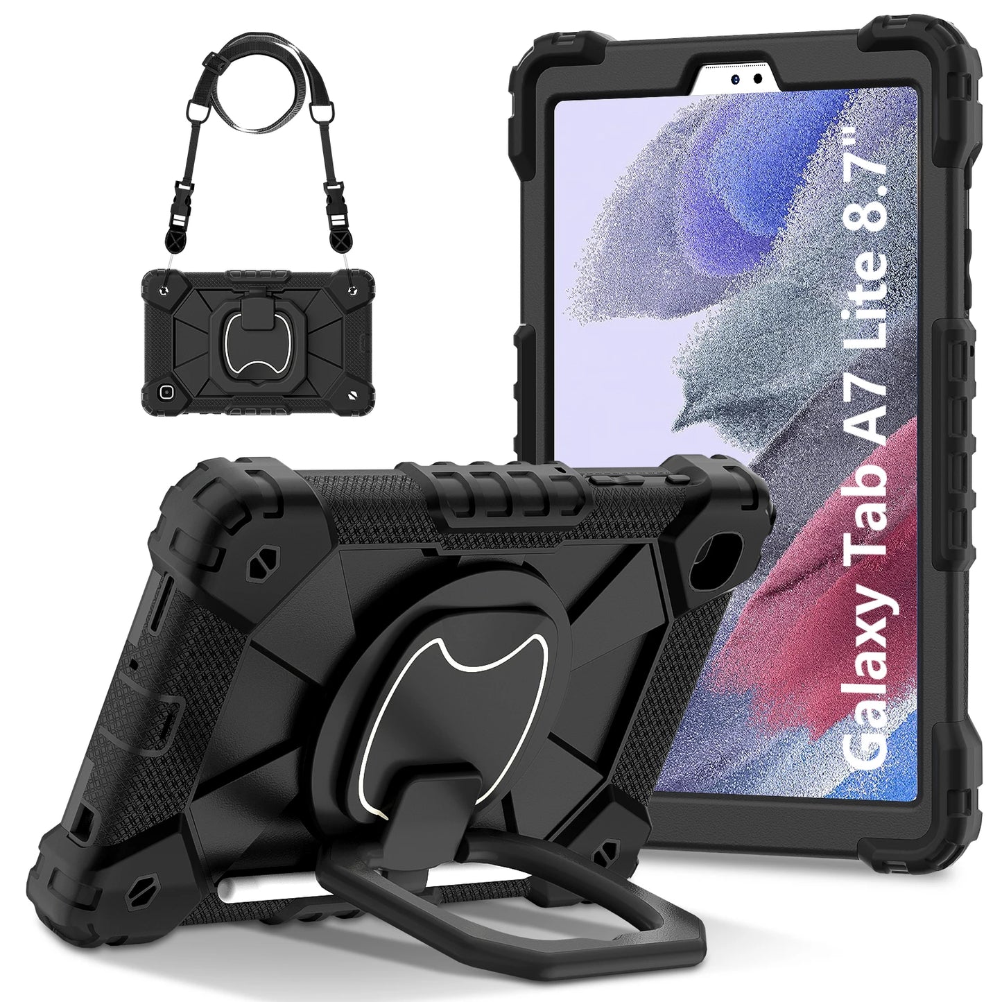 Armor Stand Case For Samsung Galaxy Tab A7 Lite 8.7 2021 SM-T220 SM-T225 Heavy Duty Cover With Neck Strap Rotatble Handle Grip