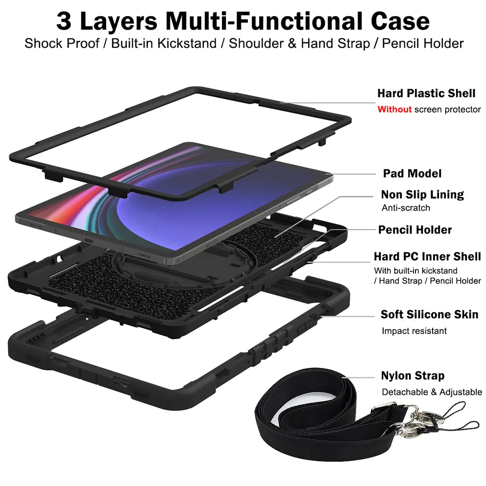 Stand Case For Samsung Galaxy Tab S9 FE S8 S7 SM-X710 X716B X510 X516B X700 X706 T870 T875 11inch Cover With Neck Strap Pen Slot