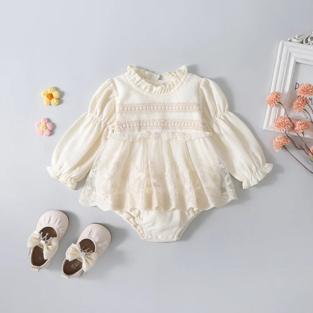 Summer Baby Clothes Infant Waffle Sweet Puff Sleeve Lace Bodysuits Toddler Girls One Piece