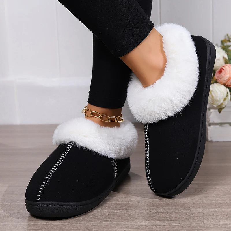 2024 Winter Warm Fur Indoor Home Slippers Women Faux Suede Closed Toe Couple Slippers Woman Comfort Soft Sole House Shoes Slides