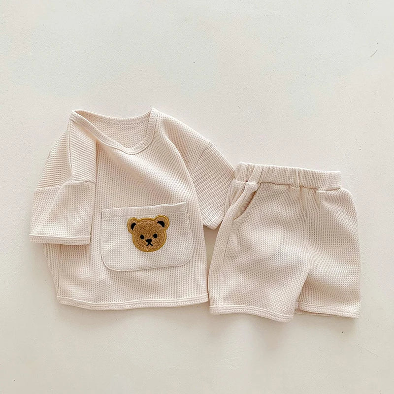 Summer Soft Waffle Baby Girls Clothing Set Front Pocket Bear Tee and Shorts 2Pcs Infant Boys Short Sleeved Suit