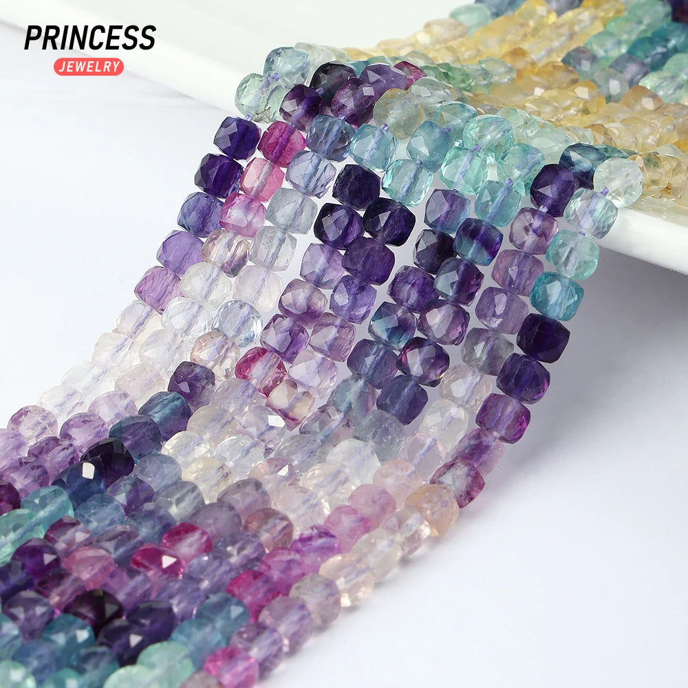 A++ Natural 4mm Colorful Fluorite Cube Faceted Beads for Jewelry Making Bracelet Necklace Wholes DIY Stone Beads Accessories