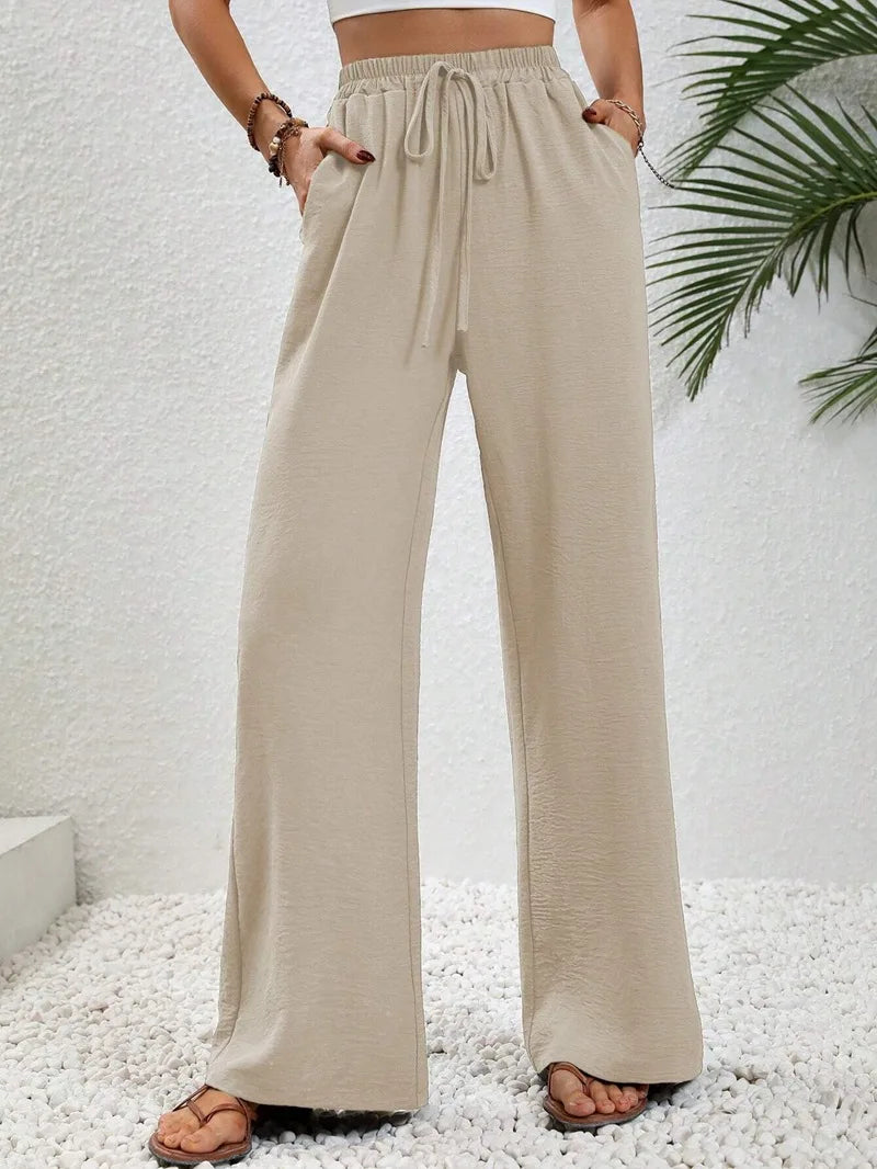 Women's Plain Pocket Tie Front Elastic Waist Straight Leg Pants, Casual High Waist Wide Leg Trousers for Daily Wear, Baggy Pants