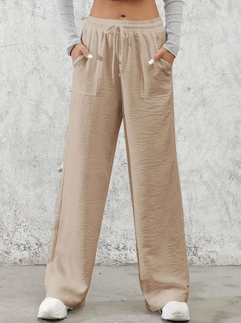 Solid Drawstring Wide Leg Pants, Casual Elastic Waist Slant Pocket Pants For Spring & Summer, Women's Clothing