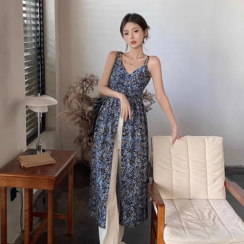 Floral V-neck Spaghetti Strap Dress Women's Summer Split A-line Long Dresses