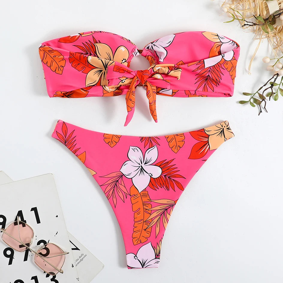 Sexy Floral Bikinis Bandeau Swimsuit for Woman 2025 Female Swimwear Women Thong Bikini Set Summer Swim Beach Wear Bathing Suits