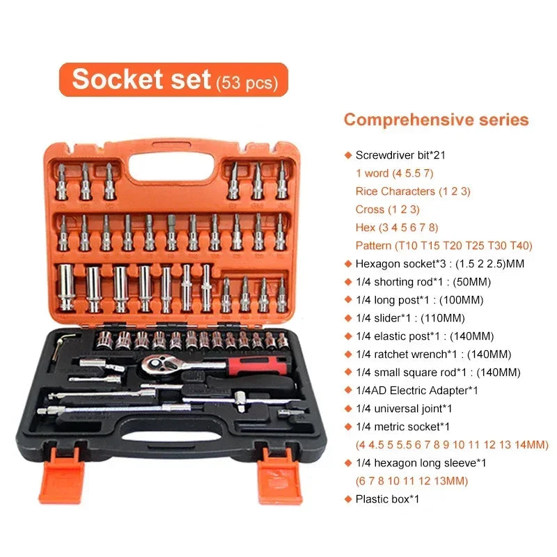 46pcs Car Repair Tool Kit 1/4-Inch Socket Set Car Repair Tool Ratchet Torque Wrench Combo Auto Repairing Set Mechanic Tool