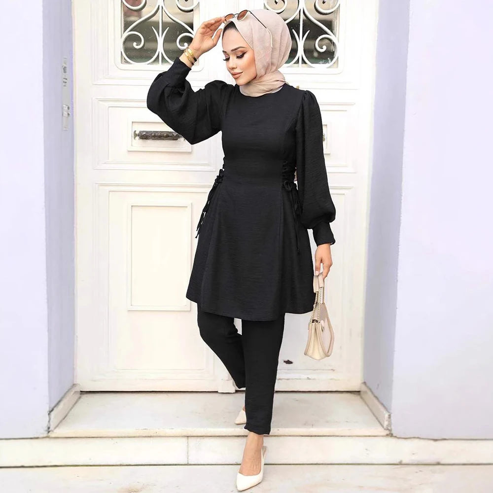 Fashion Women's Muslim Blouse Pant Set Spring Autumn Long Sleeves Ladies Islamic Suit Slim Fit Muslim Clothing Wholesale