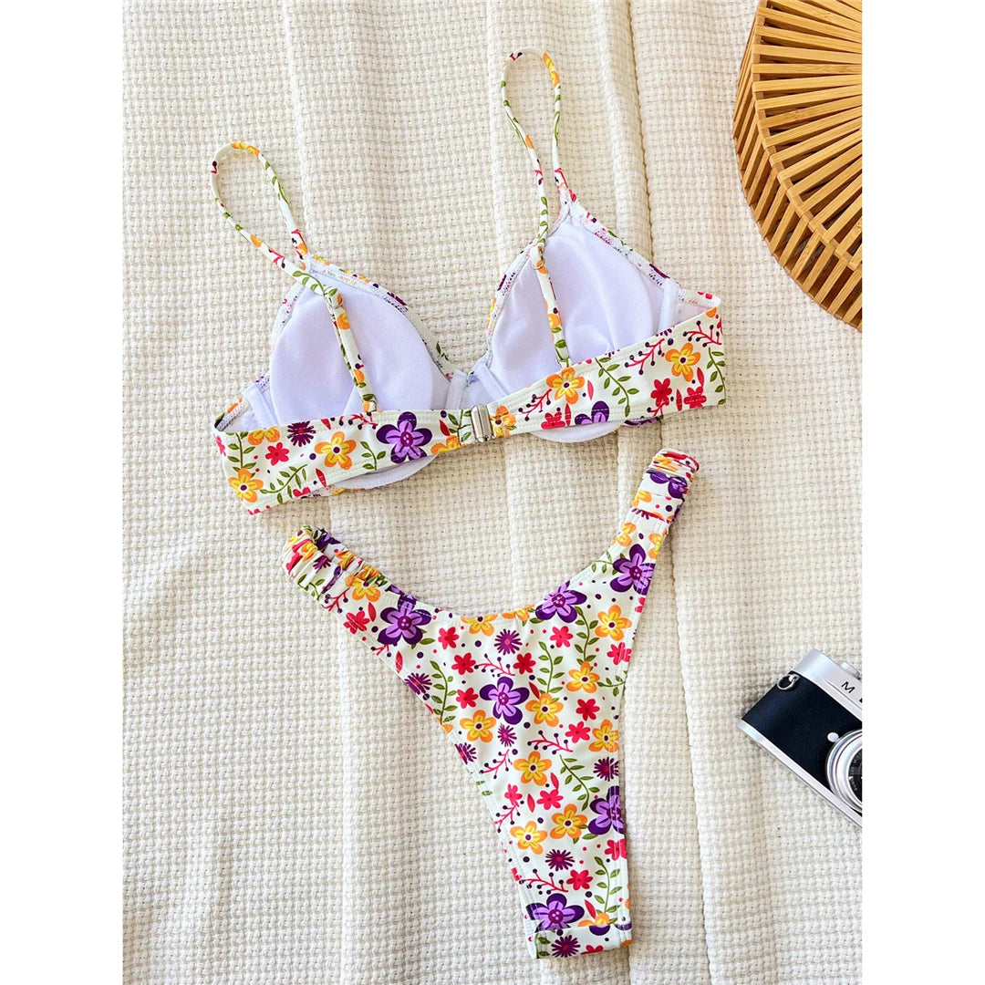 Flowers Printed Underwired Brazilian Bikini Female Swimsuit Women Swimwear Two-pieces Bikini set Bather Bathing Suit Swim K5666