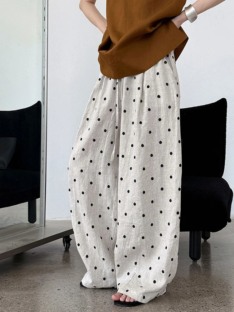 [EAM] High Elastic Waist Linen Dot Embroidery Wide Leg Long Pants New Trousers Women Fashion Tide Spring Autumn 2025 1DJ1548
