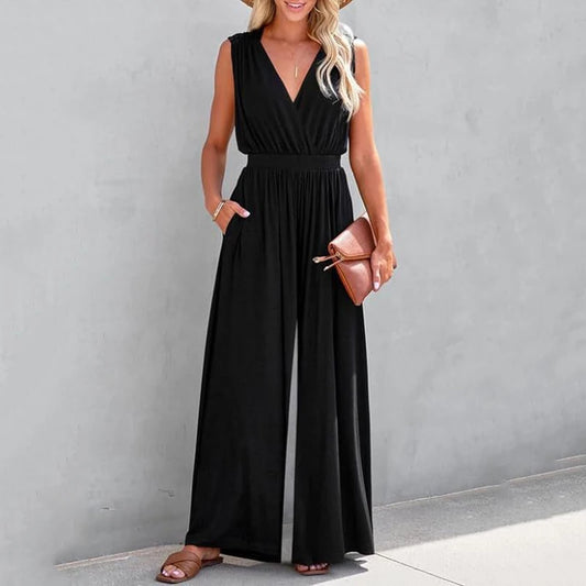 Women's V-neck Sleeveless High Waist Jumpsuit Wide Leg Pants Elegant Women's Formal Casual Wear