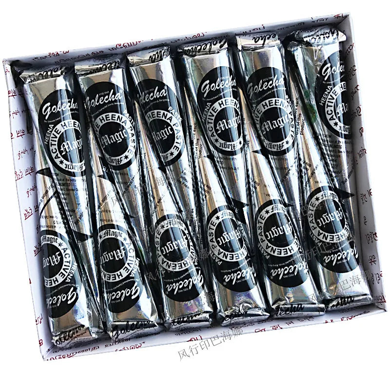 12Pcs Brown Black Color Henna Paste Cone Beauty Women Mehndi Finger Cream Paint Drawing for Temporary Tattoo Body Art 25G