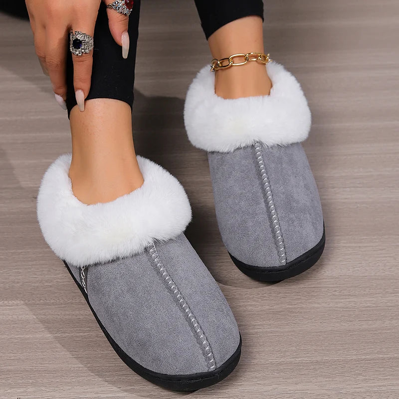 2024 Winter Warm Fur Indoor Home Slippers Women Faux Suede Closed Toe Couple Slippers Woman Comfort Soft Sole House Shoes Slides