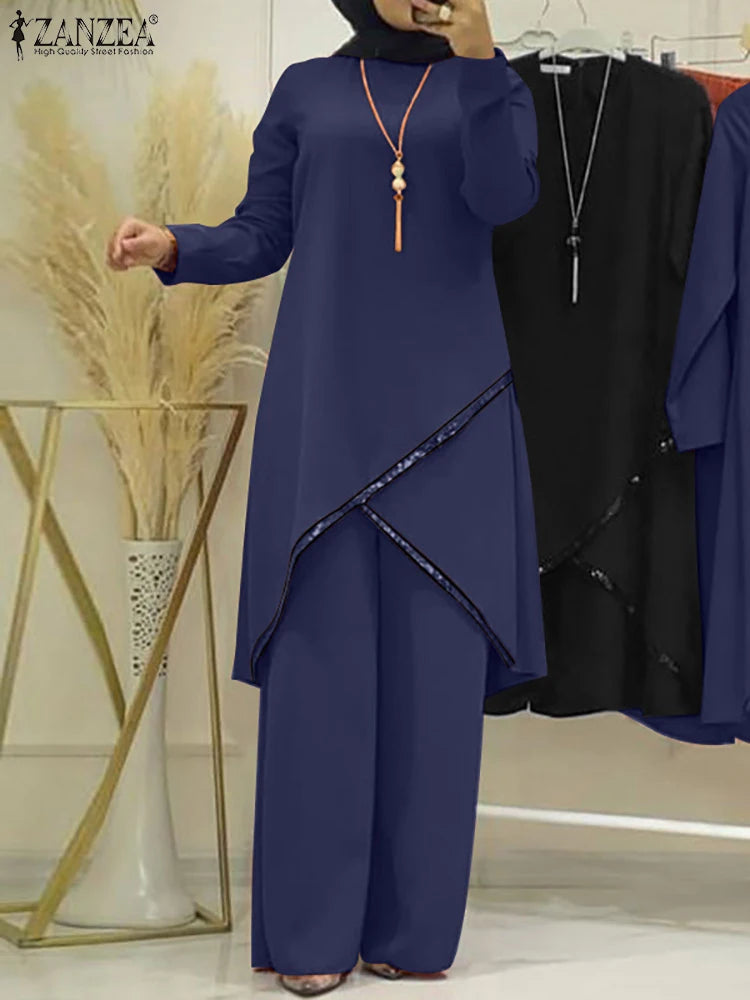 2PCS Women Muslim Sets Fashion Sequins Islamic Clothing Loose Matching Sets Tracksuit Long Sleeve Blouse Abaya Suits