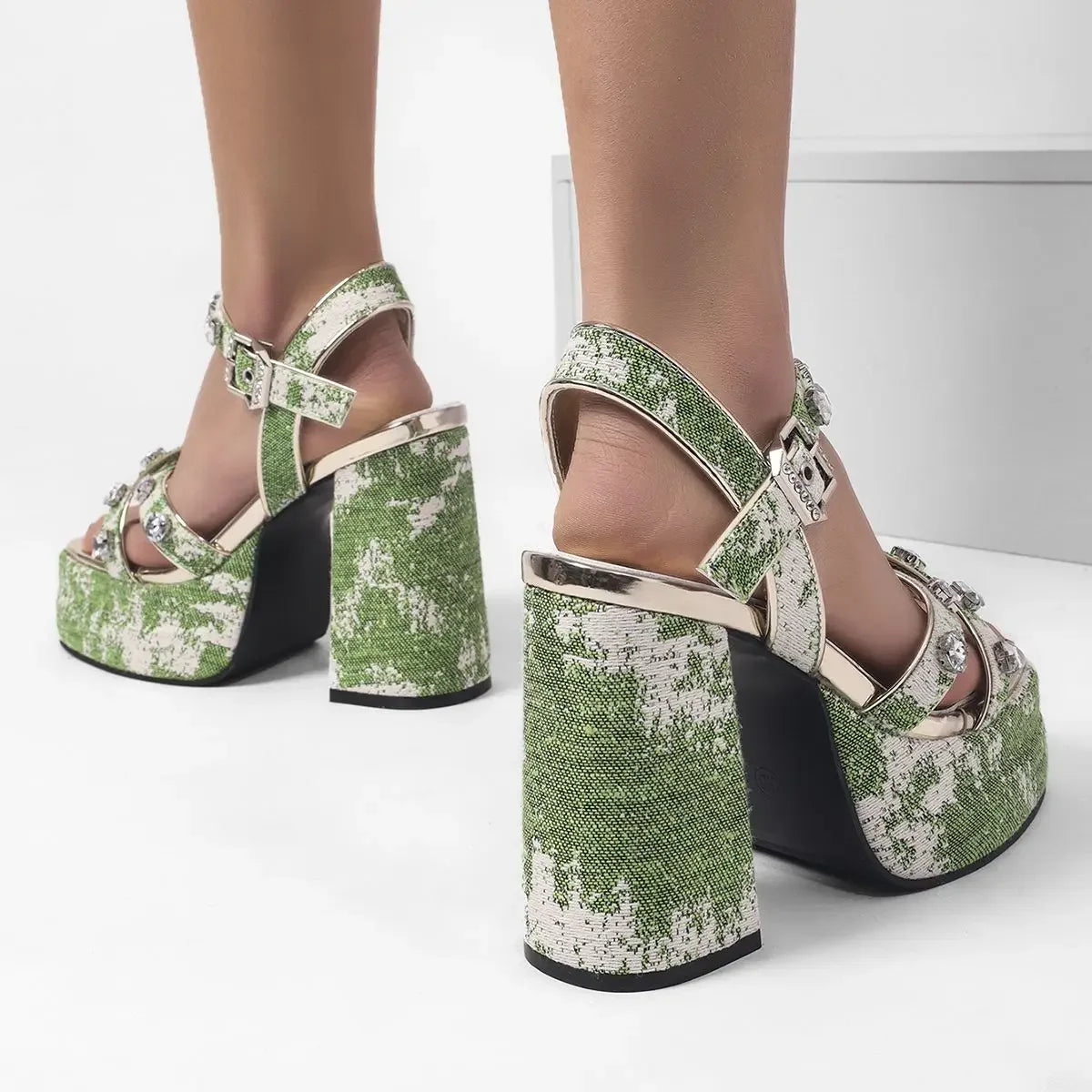 2024 Summer Green Women's Rhinestone Decor Block Y2k Heels Platform Sexy Ankle Strap Sandals Fashion Party Dress Shoes