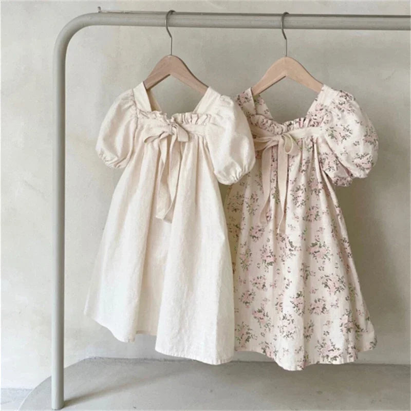 Summer New Girl Dress Sweet Bubble Sleeve Floral Party Dress For Girls Kids Cute Bow Outfit