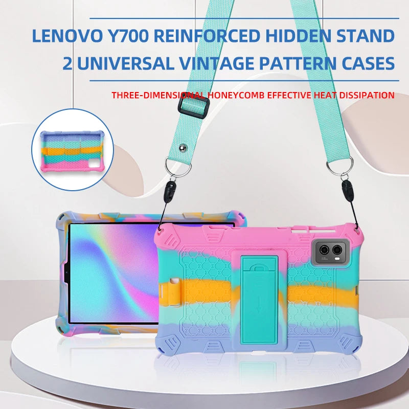 Soft Silicone Stand Case For Lenovo Legion Y700 2022 2023 8.8 inch 360 Rotating Cover Handle Grip Shoulder Strap Vintage Pattern