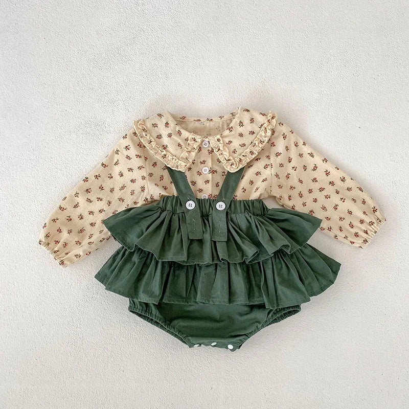 Autumn Toddler Baby Girls Floral Set Blouse And Ruffle Green Bodysuit 2 Pcs Floral Suit 0-3y