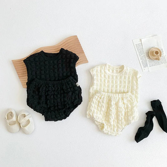 Summer Baby Clothing Set Baby Girls Sleeveless Tops Solid Blommer 2 Pcs Baby Tee Suit Infant Outfit