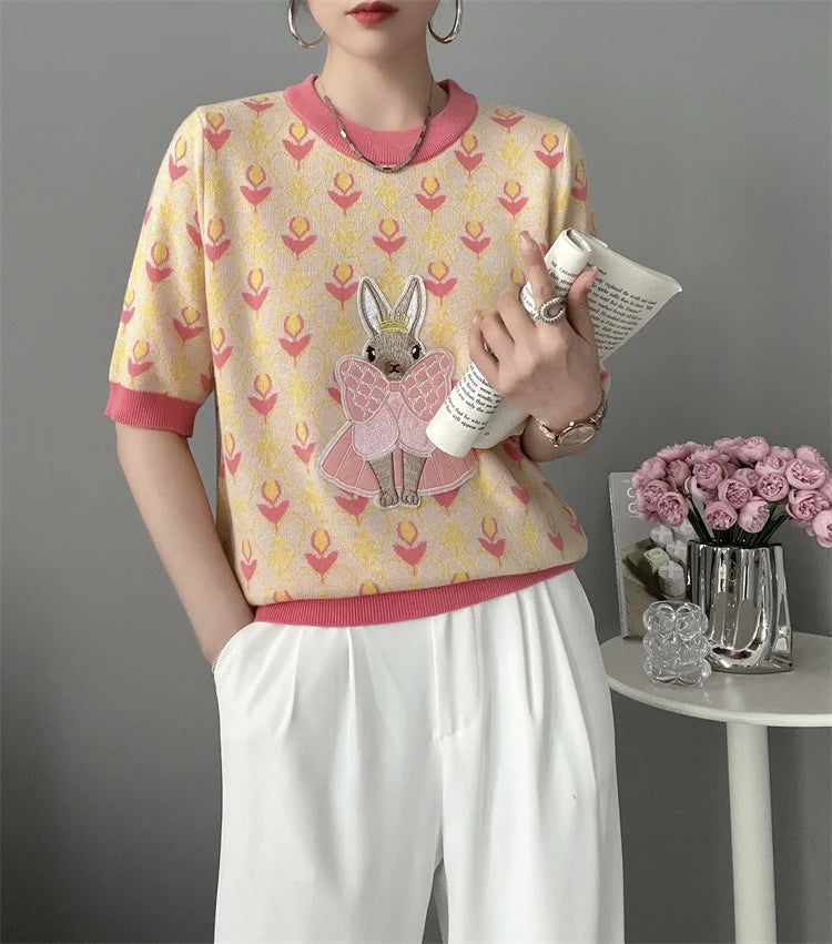 New Summer Women Knitted Sweater European Style Cartoon Pattern Fashion Jacquard Round Neck Short Sleeve Casual Jumpers Knitwear