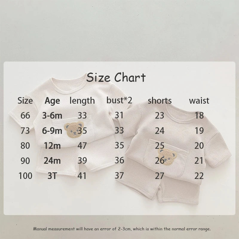 Summer Soft Waffle Baby Girls Clothing Set Front Pocket Bear Tee and Shorts 2Pcs Infant Boys Short Sleeved Suit