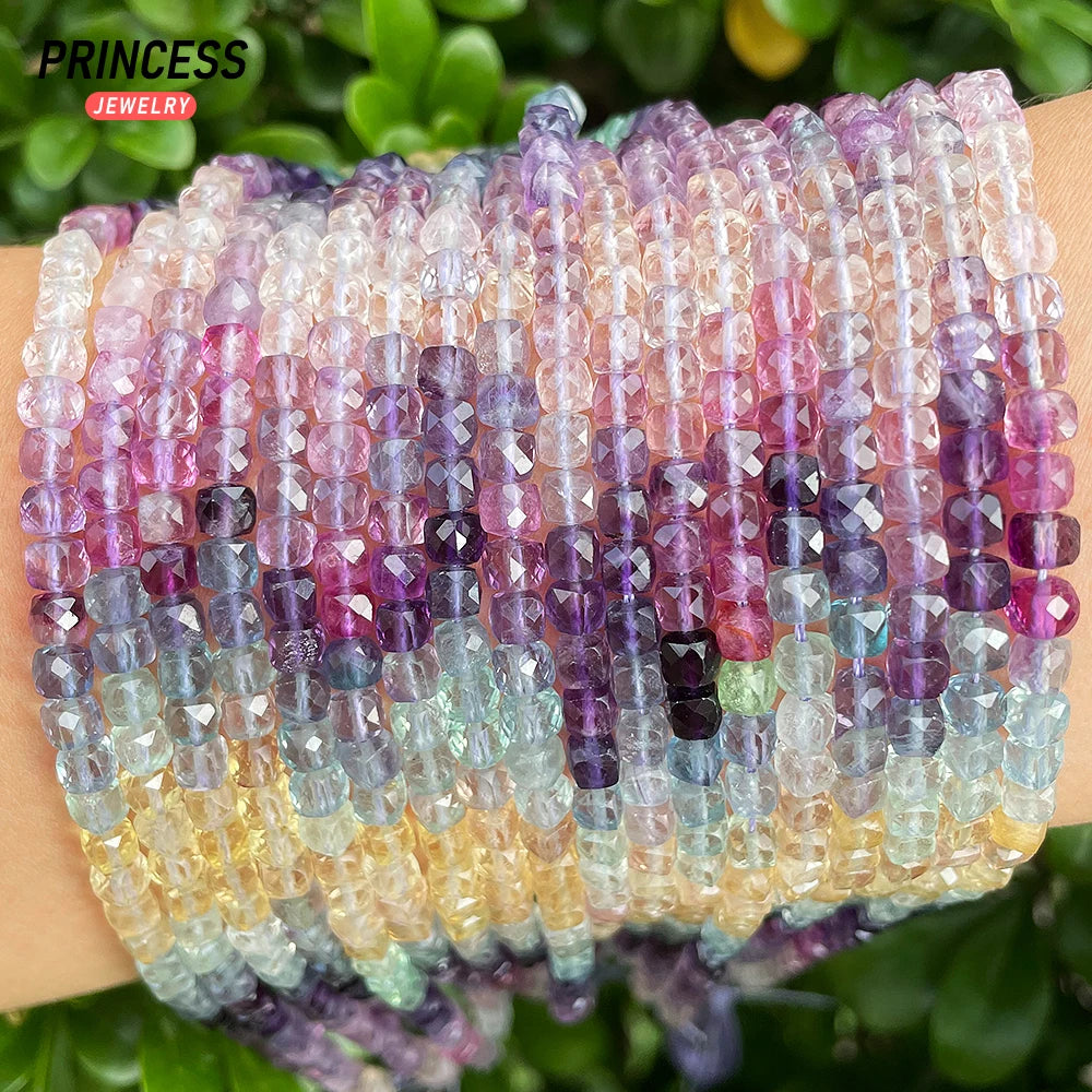 A++ Natural 4mm Colorful Fluorite Cube Faceted Beads for Jewelry Making Bracelet Necklace Wholes DIY Stone Beads Accessories