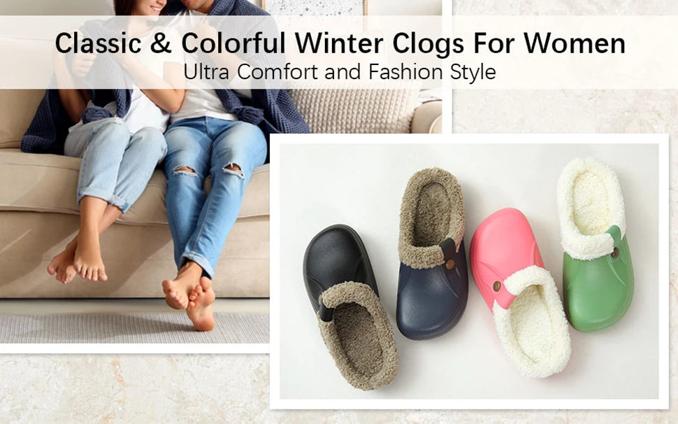 Shevalues Fuzzy Men Clogs Slippers Winter Fur Men Slippers Waterproof Garden Shoes Men Warm House Shoes Anti-slip Fur Slippers