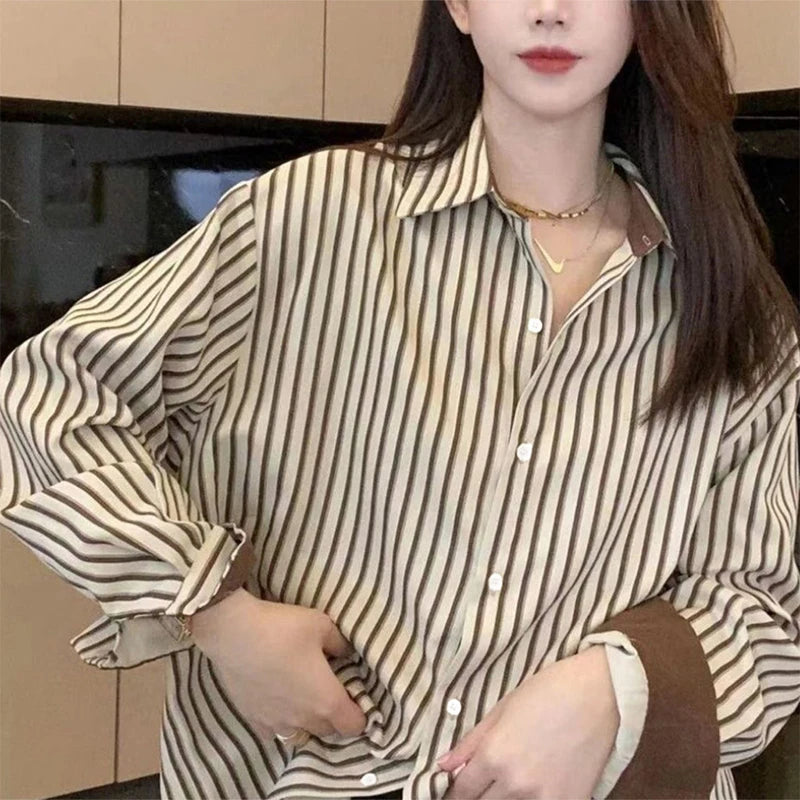 Korean Style Shirts Women Lapel Striped Basic Simple Office Lady Temperament Vintage Popular Daily