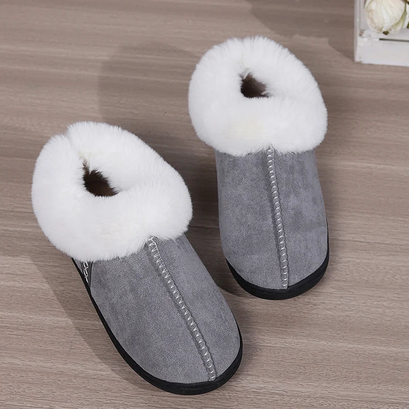 2024 Winter Warm Fur Indoor Home Slippers Women Faux Suede Closed Toe Couple Slippers Woman Comfort Soft Sole House Shoes Slides