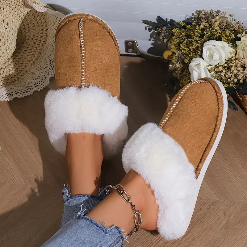 Lucyever 2023 Winter Fur Slippers Women Faux Suede Fluffy Furry Home Slides Woman Comfort Non Slip Indoor Floor Cotton Shoes 45